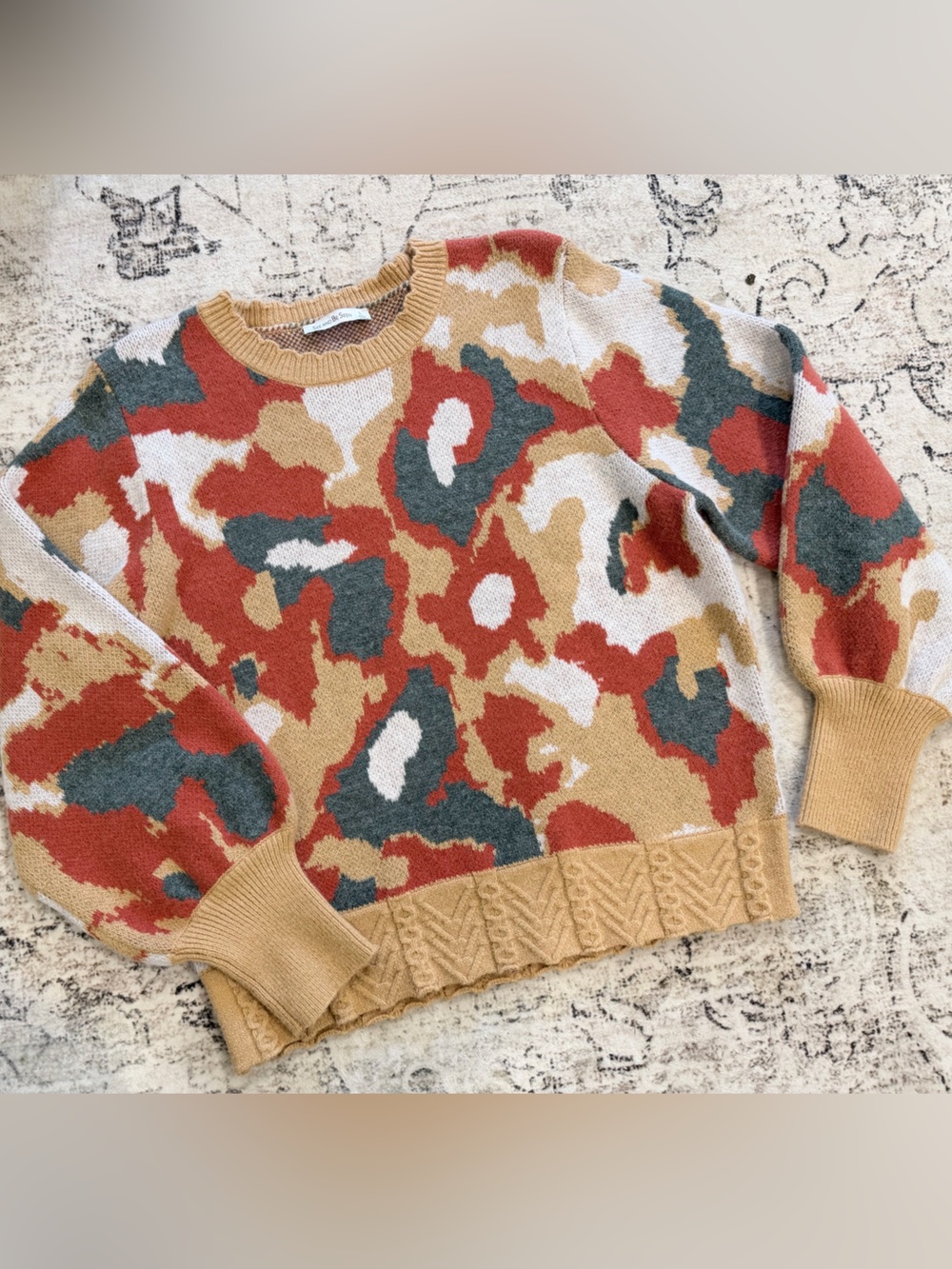 See and Be Seen Sweater, multi-color camo, funky fall Large L orange brown